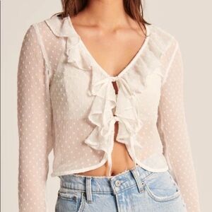EUC Abercrombie & Fitch Sheer Polka Dot White Ruffle Tie Front Blouse sz Small